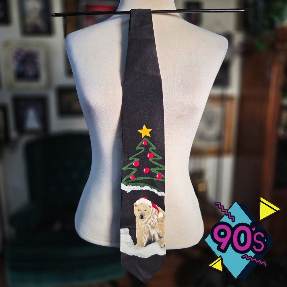Structure Silk Tie Vintage 90s Christmas Polar Bear Tree Holiday Mens Necktie